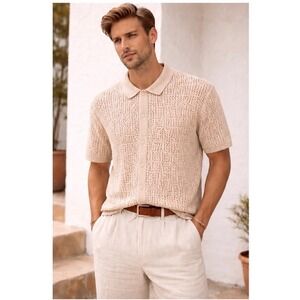 Ransom Crochet Polo Shirt M Beige Cotton 90s Coastal Grandpa
